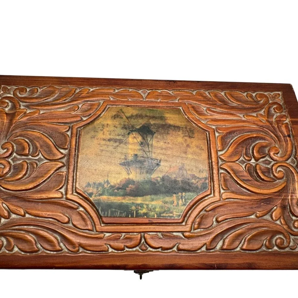Vtg 1950s Hand-Carved Cedar Wood Jewelry Box Mirror Windmill Footed Base